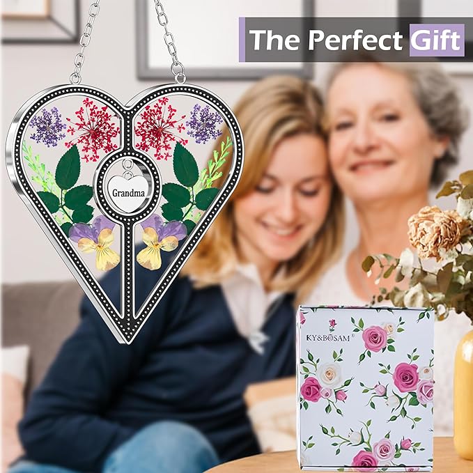 KY&BOSAM Heart Suncatcher Grandma Stained Glass for Windows Hangings Ornament Wind Chimes with Pressed Real Flower Heart Embedded in Glass Birthday Gifts for Women Grandma Mother`s Day Christmas Decor