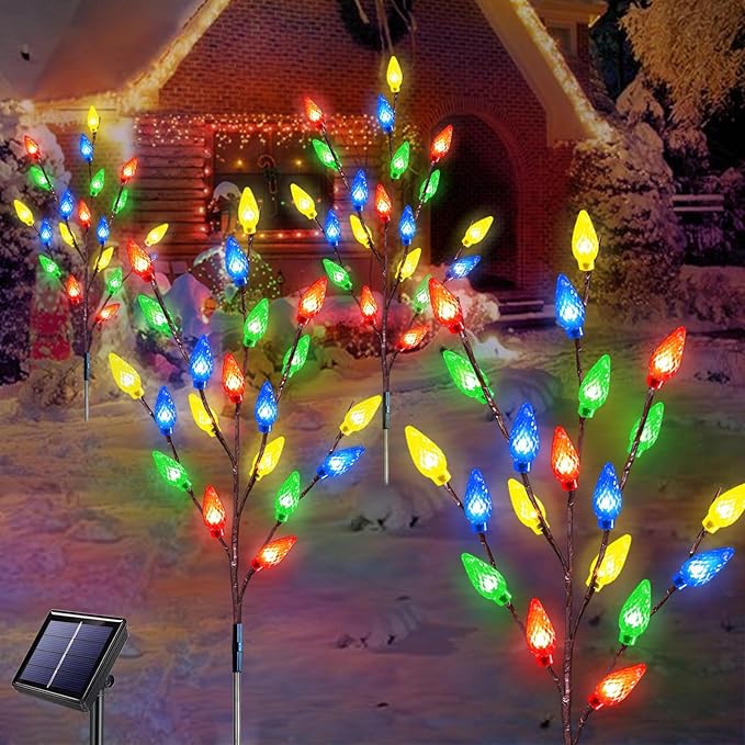 Upgraded 4 Pack Solar Christmas Garden Stake Lights for Christmas Decorations, 8 Modes Solar Christmas Yard Stake Outdoor Waterproof Christmas Strawberry Lights for Garden Patio Yard Pathway Grave