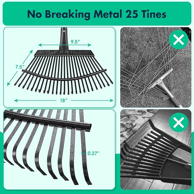 Rake - 79 Inch Long Garden Leaf Rake, 18 Inch Wide Heavy Duty Leaf Rake for Shrub with 25 Metal Tines,Yard Rake with Ergonomics Adjustable Handle for Picking up Leaves, Grass Clippings, Garbage