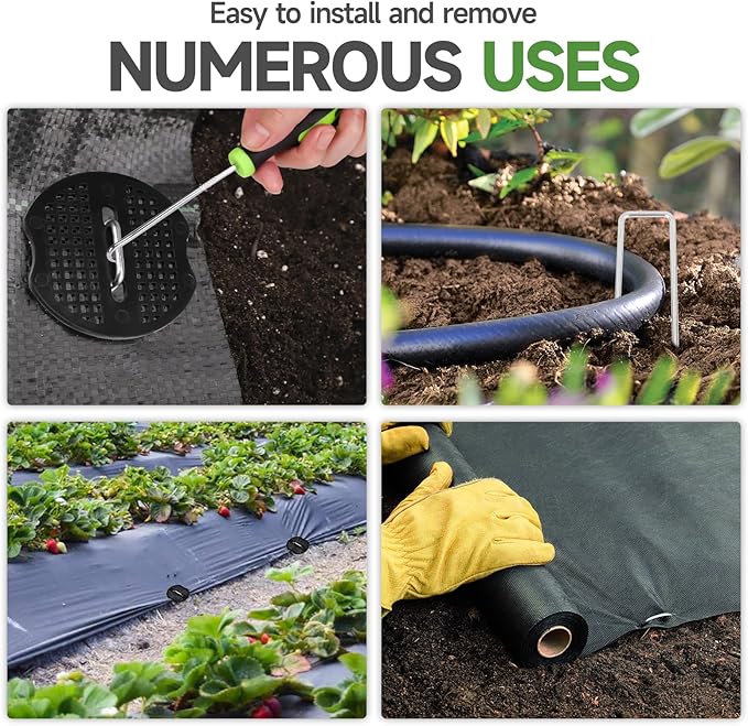 Landscape Staples Set,6 Inch 11 Gauge 100pcs Galvanized Garden Stakes + 100pcs Gaskets + 1Pick Hook,U-Shaped Tent Stakes Landscaping Fabric SOD Pins for Weed Fabric Barrier,Groud Cover,Fence