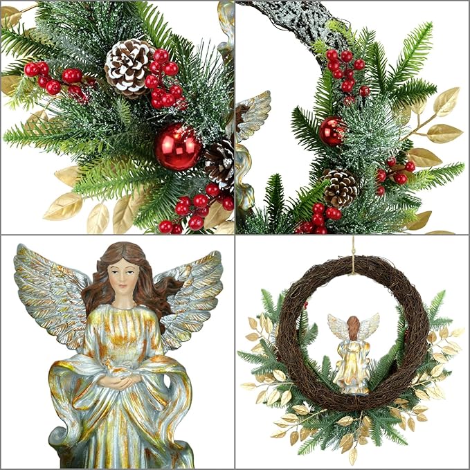 YULETIME 24" Angel Christmas Wreath, Artificial Holiday Wreath with Resin Angel Statue, Natural Rattan Ring & Pine Cones, Golden Leaves, Red Baubles, Spruce Branches, Snowy Pine Needles