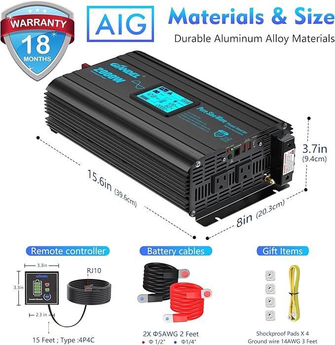 2000 Watt Pure Sine Wave Power Inverter 2000W 12V DC to 120 V AC Lithium Battery Compatible for RVs Off Grid Solar Boat Camper Starlinks System with 20Amps Hardwire Block and USB-C PD30W by GIANDEL