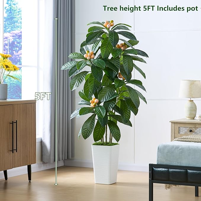 Artificial Loquat Tree 5FT Japanese Medlar Tropical Fruiting Tree Tall Artificial Plants Indoor-Loquat Tree Large Fruiting Silk Tree for Home Office Living Room Decor Indoor (White Tall Planter)
