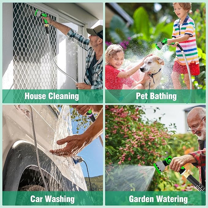 Metal Garden Hose 150Ft Stainless Steel Water Hose Heavy Duty with 10 Way Nozzle-Flexible Lightweight Durable No Kink & Tangle,Strong 3/4’’ Solid Metal Fitting Shut-Off Valve for Outdoor Yard