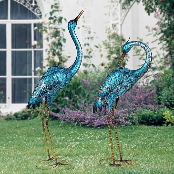Kircust Garden Sculpture & Statues, Blue Heron Lawn Ornaments Standing Metal Crane Yard Art Large Size Bird Decoy for Outdoor Lawn Backyard Porch Patio Decoration, Set of 2