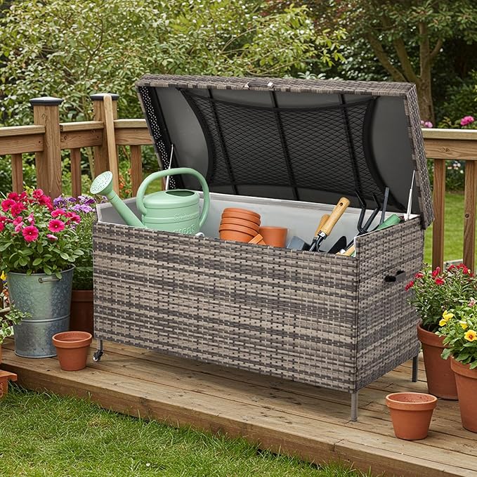 AVAWING 240 Gallon Wicker Deck Box, Outdoor Storage Box with Portable Wheels and Handles, Patio Rattan Container for Garden, Balcony, Yard (Grey)