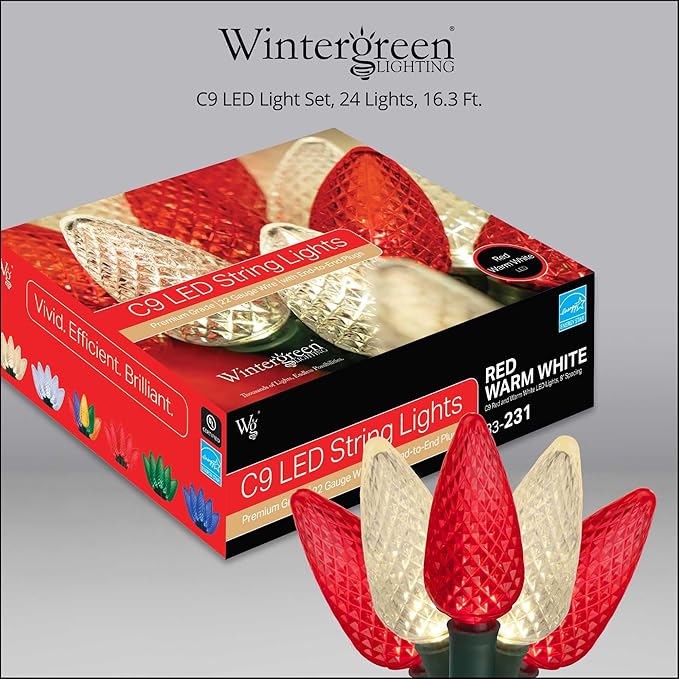 Wintergreen Lighting C9 Red and White Christmas Lights Set of 24, 16.3 Ft. LED Christmas Lights Red-Warm White Indoor-Outdoor C9