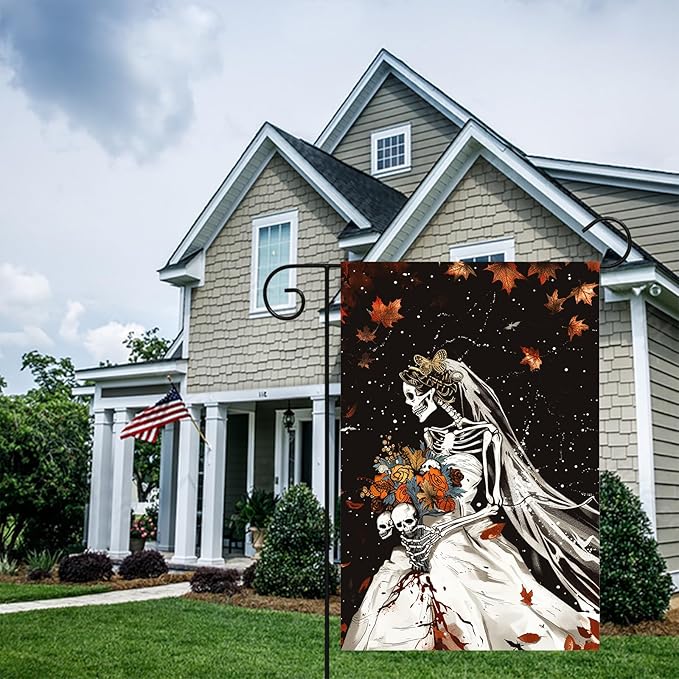 Halloween Horror Garden Flag 12x18 Inch Bloody Skeleton Bride Skull Flower Bouquet Flag Outdoor Yard Decoration House Banner Porch Lawn Patio Home Decor