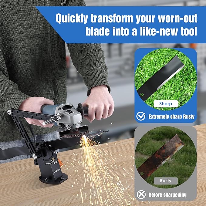 Lawn Mower Blade Sharpener, 15°-45° Adjustable Frame with Ball Bearing Manufacture Handle for Right Left Hand Blades, Lawnmower Blade Sharpening Tool Use with Angle Grinder (Black) - Max Width: 70mm