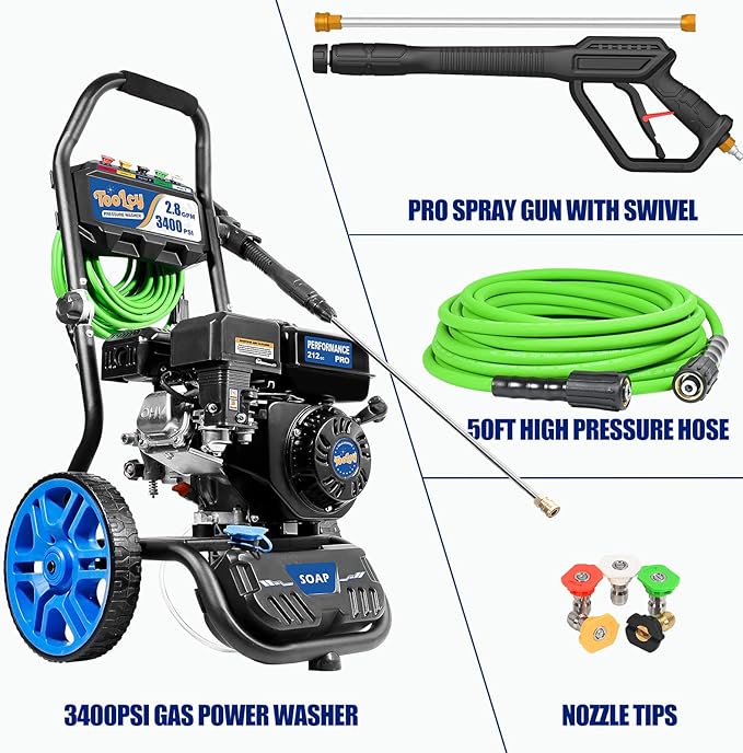 TOOLCY Gas Pressure Washer 3400 PSI & 2.8 GPM Max, High-Powered 212cc Engine, Enhanced Pump, 50FT Pressure Hose, Onboard Soap Tank, Foldable Handle, Kink-Less Swivel Spray Gun & 5 Nozzle Tips