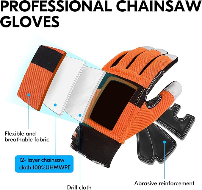 Vgo... Chainsaw Gloves, 12-Layer Chainsaw Protection on Both Hand Back, leather Work Gloves, Mechanic Gloves