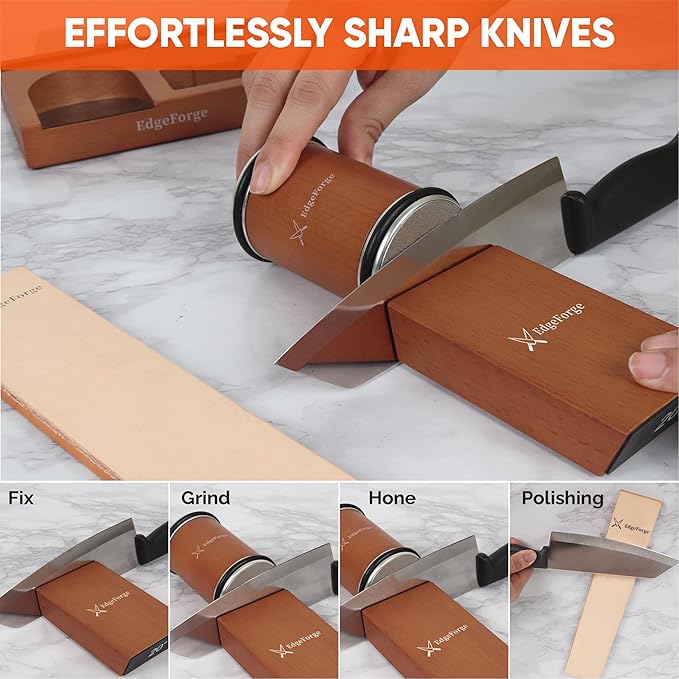 Rolling Knife Sharpener Set with Two Extra Disc, Leather Strop and Stand - Elegant Gift for Chefs & Cooks - Knife Sharpening Kit for Kitchen & Pocket Knives