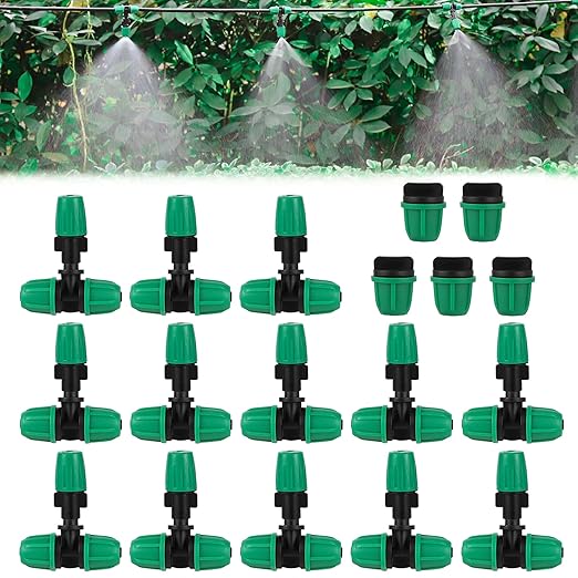 Leak-Proof Drip Irrigation System with 20 Adjustable Nozzles.20 Lock Barbed 6mm to 1/4 Inch Tee, 5 Lock Barbed End Plugs for Greenhouse Lawn Raised Bed (Drip Irrigation Nozzle kit)