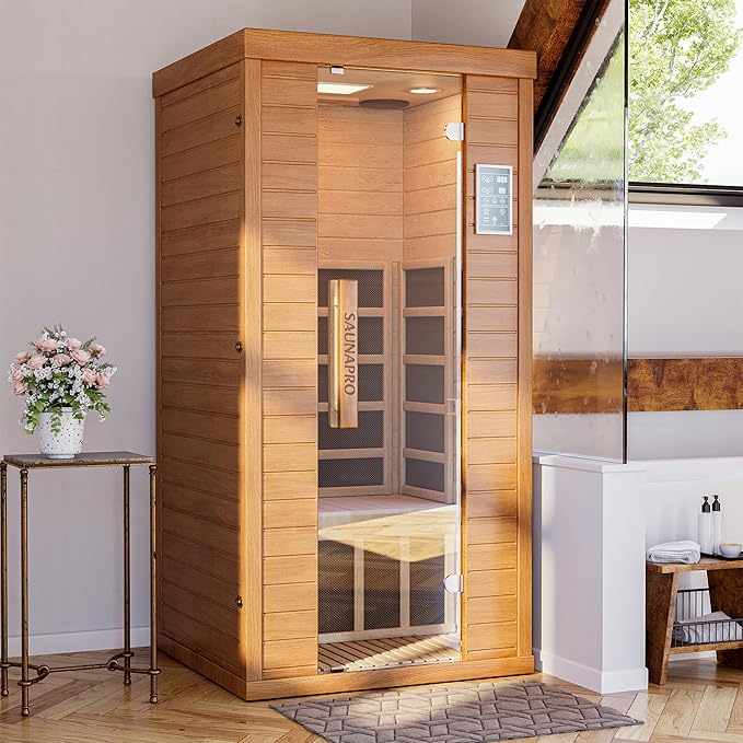 1- Person Infrared Sauna, Remotely Controllable Indoor Sauna, Low EMF 1200W/120V LCD Heater, WiFi & BT Control, 9-Color Light Therapy, Safe Flame-Retardant Material, Wood