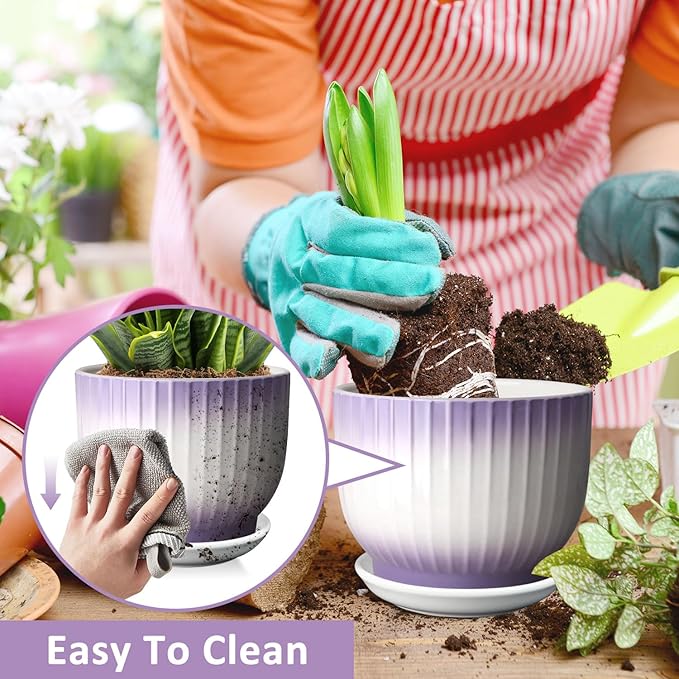 6.7 + 5.5 Inch Plant Pot, Ceramic Planter with Drainage and Saucer, Ceramic Pots for Plants, Indoor Plant pots,Ceramic Flower pots(Purple + White, Plants NOT Included)