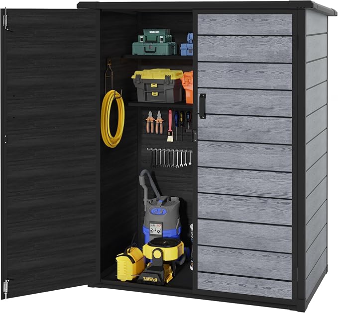 Vertical Outdoor Storage Shed with Floor, 56.8 Cu.Ft Resin Tool Cabinet with Lockable Doors, Waterproof Garden Storage Shed for Patio, Backyard & Garage Organization (Dark Gray)