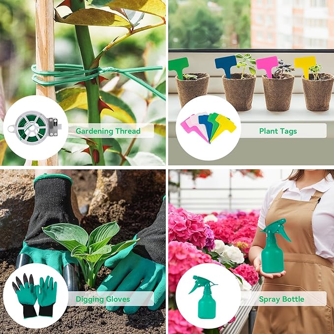Garden Tool Set, Including 9 Succulent Tool Sets, 6 Large Heavy-Duty Aluminum Gardening Tools, with Gardening Tool Kit, Gloves, Watering Can, Fixing Line and Color Label,is Your Best Helper