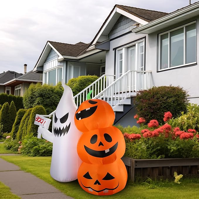 6Ft Halloween Inflatable Ghost Hammer Pumpkin Outdoor Decor with Build-in LEDs Blow Up Inflatable for Party Indoor Outdoor Garden Lawn Yard