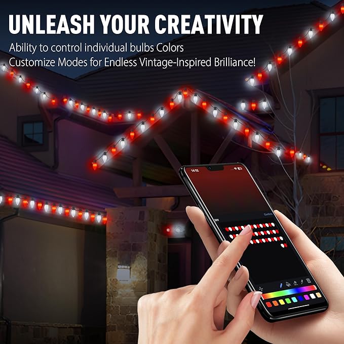 Smart C9 LED Christmas Lights Outdoor, 66FT 100 LED Vintage RGB String Lights with Bluetooth App Control, Music Sync, 105 Modes, IP65 Waterproof for Christmas, Party, Garden, Patio, Commercial Decor