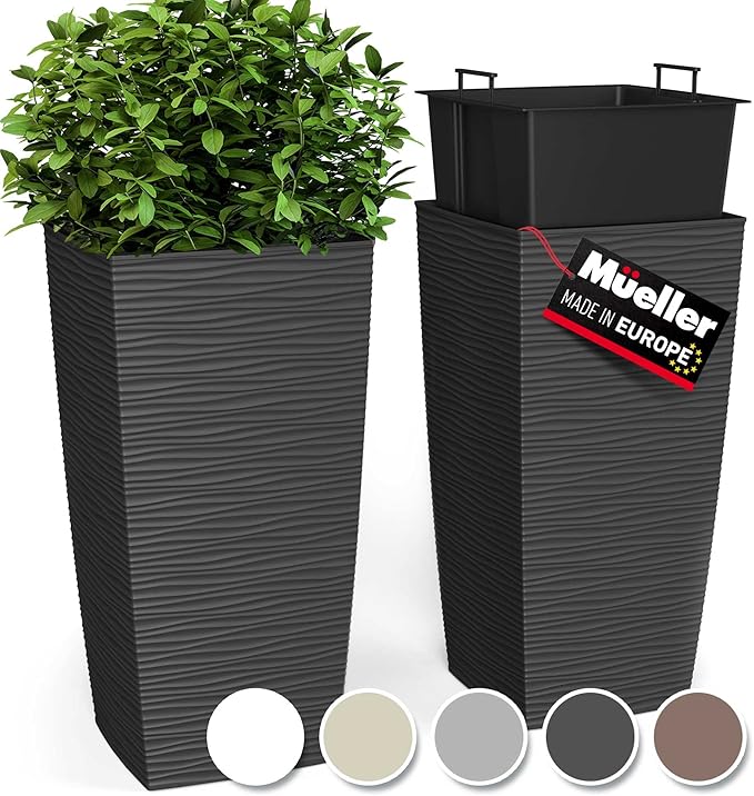 Mueller M-Resin Heavy Duty Tall Planter, Indoor/Outdoor Grande Plant, Tree, Flower Pot, 2-Piece Set, 18”, Modern Design, Built-in Drainage, Dark Grey