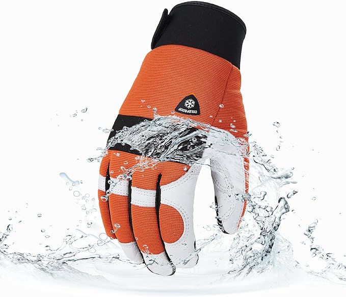 Vgo... 1-Pair 0℃/32°F Chainsaw Gloves, 12-Layer Chainsaw Protection on Left Hand Back, Safety leather Work Gloves, Mechanic Gloves(Size L, Lined Orange,GA8912FWCS)