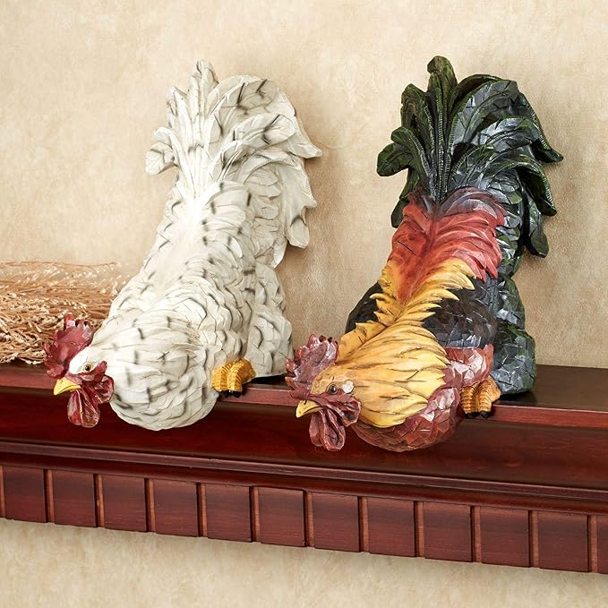 Touch of Class Content Rooster Shelf Sitter Set of Two - Resin - Green, Orange, Yellow, White, Black - Decorative Chanticleer Sculptures for Kitchen, Dining Room, Sideboard