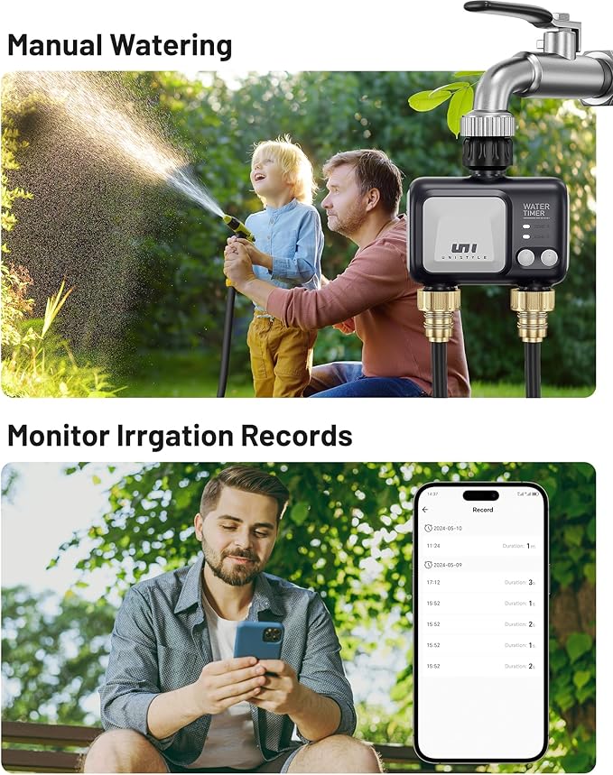 Unistyle WiFi Sprinkler Timer 2 Zone, Programmable Smart Water Timer 2 Outlet, WiFi Irrigation Controller with Rain Delay/Auto Mode/Manual, Outdoor Hose Timer for Lawns, Yards and Garden