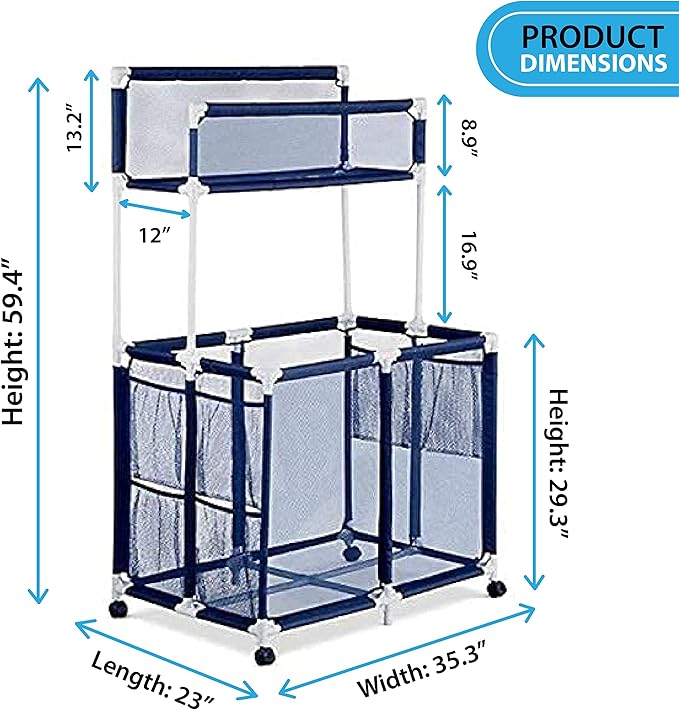 Essentially Yours Pool Noodles Holder, Toys, Floats, Balls, Equipment Mesh Rolling Double Decker Storage Organizer Bin, Large with Noodle Holder, (35.3" W x 23" L x 59.4" H), Blue Style 561935