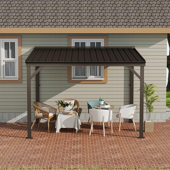 Domi 8’x10’ Wall-Mounted Hardtop Gazebo Pergola – Permanent Lean-to Outdoor Shelter with Sloped Galvanized Steel Roof & Upgraded Drainage – Grey Metal Patio Cover for Backyard, Deck, Garden,Brown