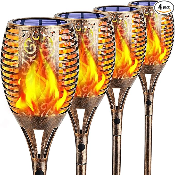 TomCare Solar Lights Outdoor 99 LED Higher & Larger Flickering Flame Solar Torch Lights 43" Decorative Waterproof Solar Powered Pathway Landscape Lighting for Garden Patio Yard, 4Pack (Bronze)