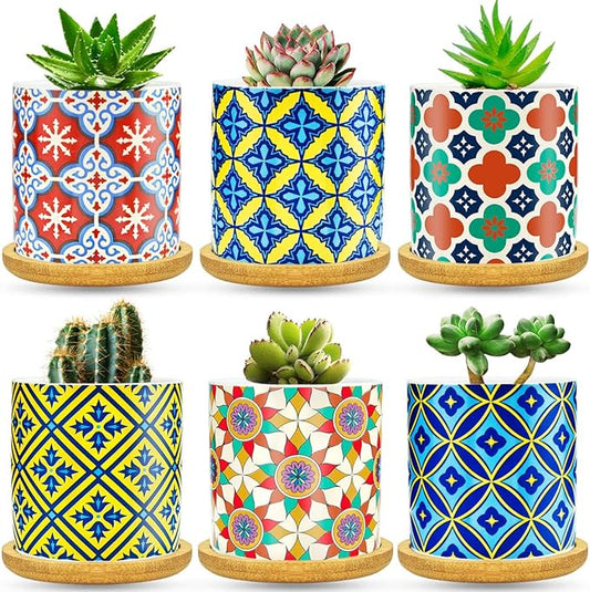 6 Pack Succulent Pots with Drainage Hole, 3 inch Ceramic Succulent Planter with Bamboo Tray, Bright Color Succulent Plant Pots for Cacti Succulent Soil Potting Mix Indoor/Outdoor