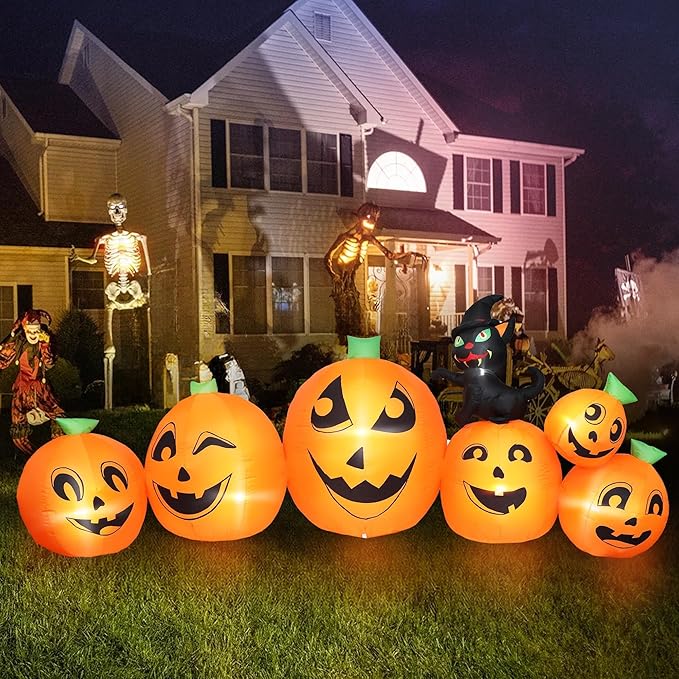 10FT Long Halloween Inflatable Pumpkin Patch with Black Witch's Cat, Giant Pumpkin Patch with Build-in LED Lights, Blow up Inflatable Decoration for Outdoor Large Party Yard Decoration