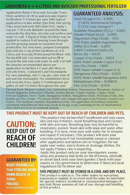 6-4-6 Citrus and Avocado Fertilizer - Achieve Thriving Trees and Juicy Fruits with Balanced Nutrition - 5 QUARTS