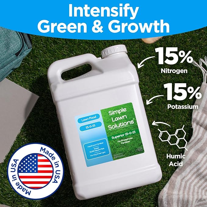 Superior 15-0-15 Liquid Lawn Fertilizer - Lawn Food for Growth & Green - Nitrogen, Potassium, Humic, Fish & Seaweed - Any Grass Type- Simple Lawn Solutions - All Season- Concentrate (2.5 Gallons)