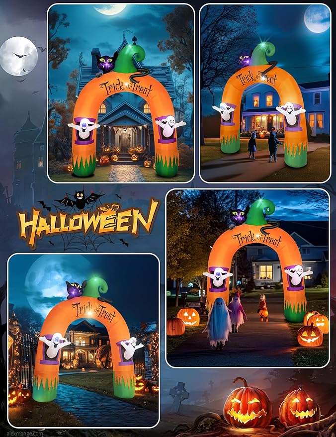 10FT Large Halloween Inflatable Archway Decoration, Halloween Blow Up Lighted Archway with Ghost & Black Cat & Cornucopia, Trick & Treat Yard Garden Patio Lawn Outside Decor