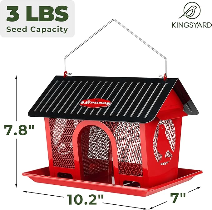 Kingsyard Metal Bird Feeders for Outdoors Hanging, Wild Bird Feeder with Seed Tray and Weatherproof Roof, 3 lbs Seed Capacity, Red