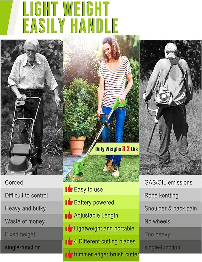 Cordless Weed Wacker, 21V Electric Weed Eater Battery Powered, 3 in 1 Grass Trimmer Cordless with 2 Batteries & Metal Blade, Electric Weed Trimmer/Lawn Edger/Brush Cutter for Yard Garden