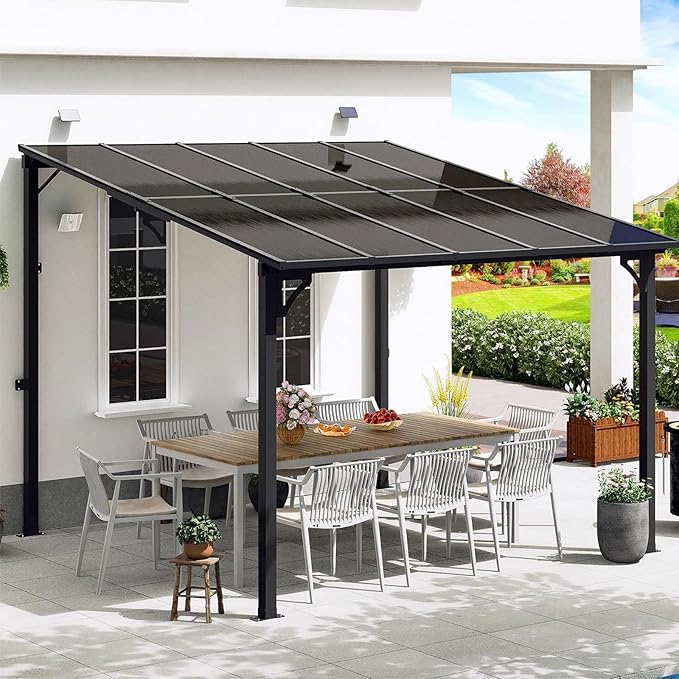 MEISSALIVVE 10' x 10' Wall Mounted Lean to Metal Gazebo with Sloped Roof - Black