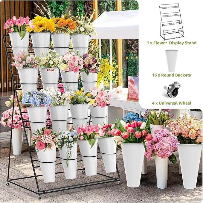Flower Display Stand 4 Layers with 16 PCS Round Buckets, Plant Stand with Wheels, Movable Metal Plant Stand for Terrace Garden, Florist Shop