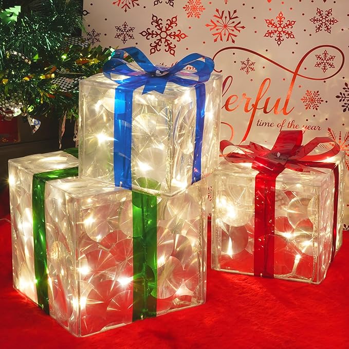 Set of 3 Christmas Lighted Gift Boxes, 60 LED Light Up Present Boxes for Christmas Decorations Indoor Outdoor Yard Xmas Tree Holiday Party Lawn Porch Home Decor (PVC)