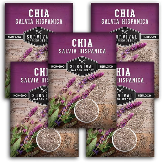 Mexican Chia Seed for Planting - 5 Packets with Instructions to Plant and Grow Mexican Chia in Your Home Vegetable Garden - Non-GMO Heirloom Variety - Survival Garden Seeds