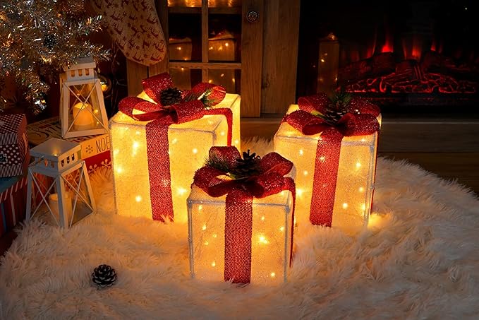 Set of 3 Christmas Lighted Gift Boxes, 60 LED Light Up Present Boxes for Christmas Decorations Indoor Outdoor Yard Xmas Tree Holiday Party Lawn Porch Home(Max. 8.5")