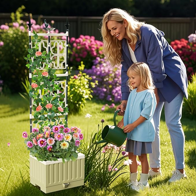 Tomato Planter Box with Trellis, 62" Self Watering Planter Trellis for Climbing Plants Outdoor, Raised Garden Bed for Garden Vegetables Flowers Herbs Indoor Outdoor