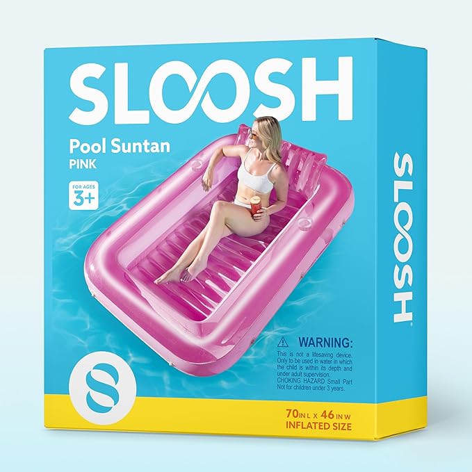 SLOOSH Inflatable Tanning Pool Lounger Float, 70" x 46" Pool Floats Adult with Pillow, 4 in 1 Suntan Tub Raft Floatie,Sunbathing Bed Lounge for Water Blow Up Kids Ball Pit Party Gifts, L-Pink
