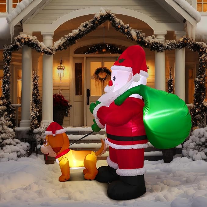 Leyndo 6 FT Christmas Inflatable Santa Claus Outdoor with a Gift Bag and a Dog Blow Up Decoration with LED Lights Cute Xmas for Holiday Party Yard Garden Lawn Decor