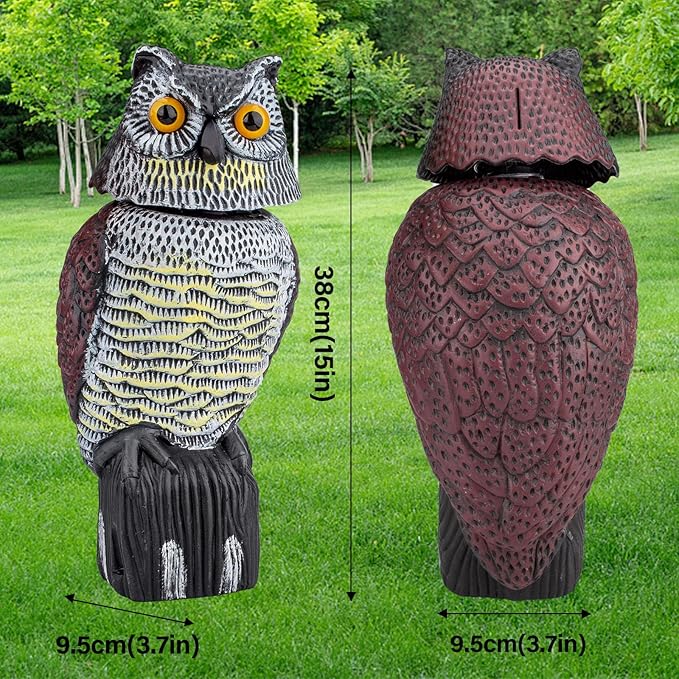 Owl Decoys to Scare Birds Squirrels Away, Rotatable Head Plastic Bird Deterrent, Waterproof Garden Owls Statue for Patio Yard Farm Protection Against Birds, Squirrels, Rabbits, Raccoons