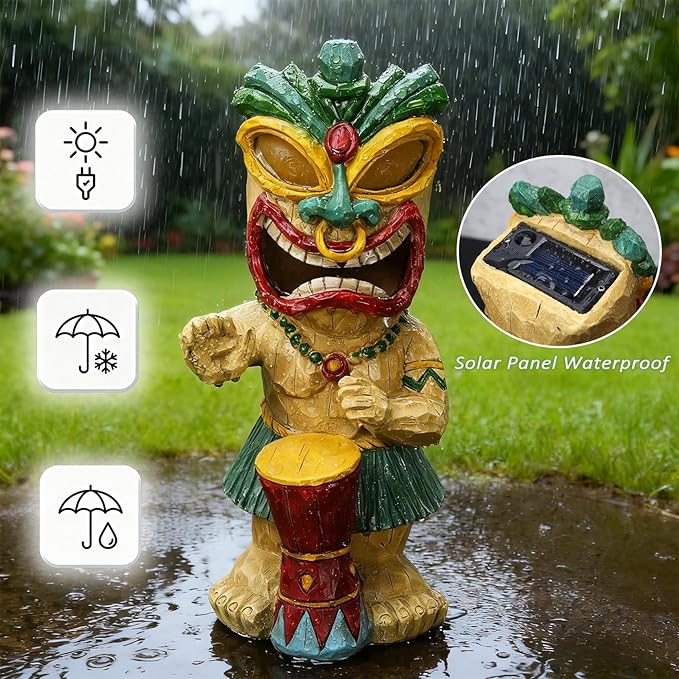 Solar Tiki Garden Statue with LED Eyes Outdoor Polynesian Drummer Hawaiian Party Decor Solar Light Ornament for Patio Porch Lawn Tiki Bar or Tiki Lover Funny Gifts