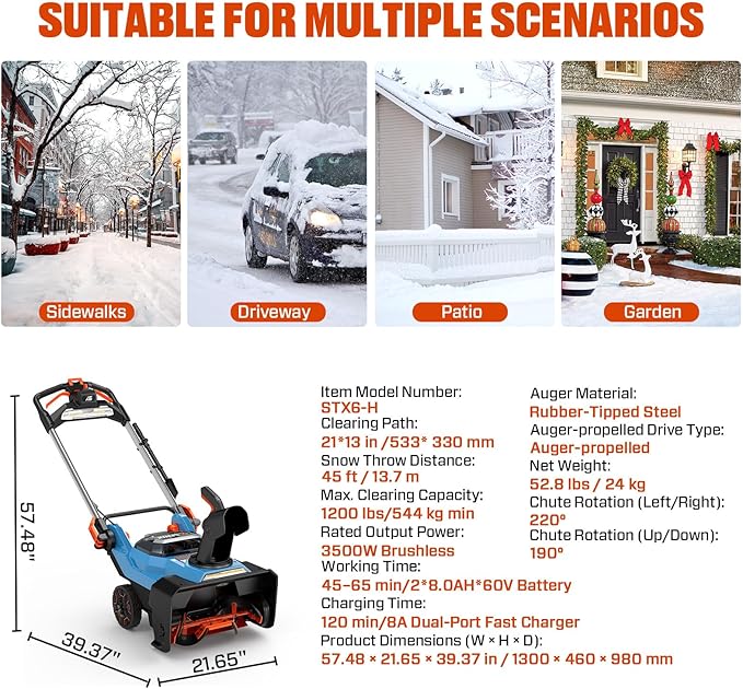 SENIX 21-Inch 60 Volt Cordless Snow Blower with Heated Handles and Steel Auger, 13-Inch Clearing Depth, 45-Foot Max Throw Distance, Dual LED Lights, 2 * 8.0Ah Batteries and Dual Port Charger Included