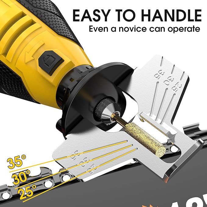 IZIO Yellow Professional Electric Chainsaw Sharpener Kit with 6 Grinding Heads &Precision Guide Plate – High-Efficiency Tool for Fast Blade Restoration,Compatible with All Chains(0.325" to 3/8" Pitch