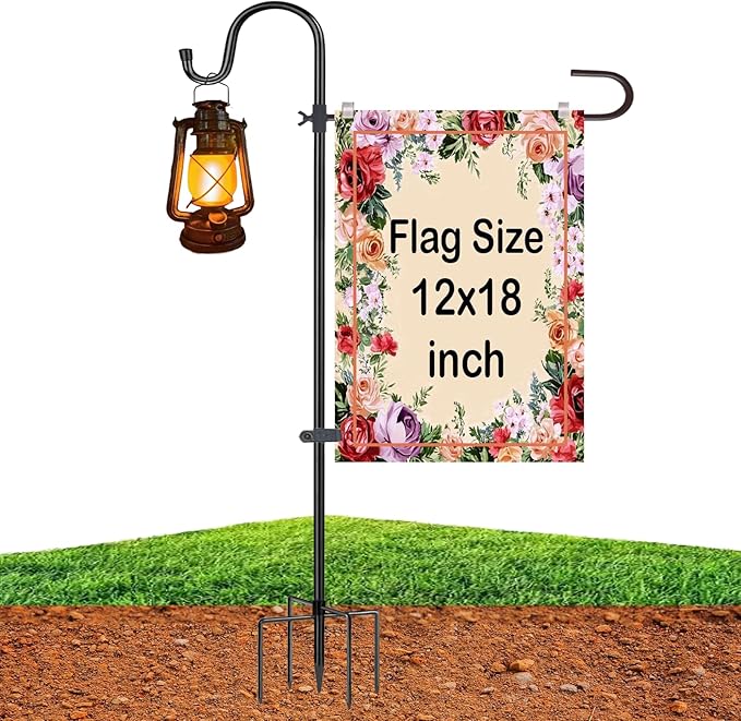 Upgraded 46 Inch Heavy Duty Metal Garden Flag Holder with Shepherd Hook, Yard Stand Fits 12x18 Flags - Solar Lights & Flags Not Included